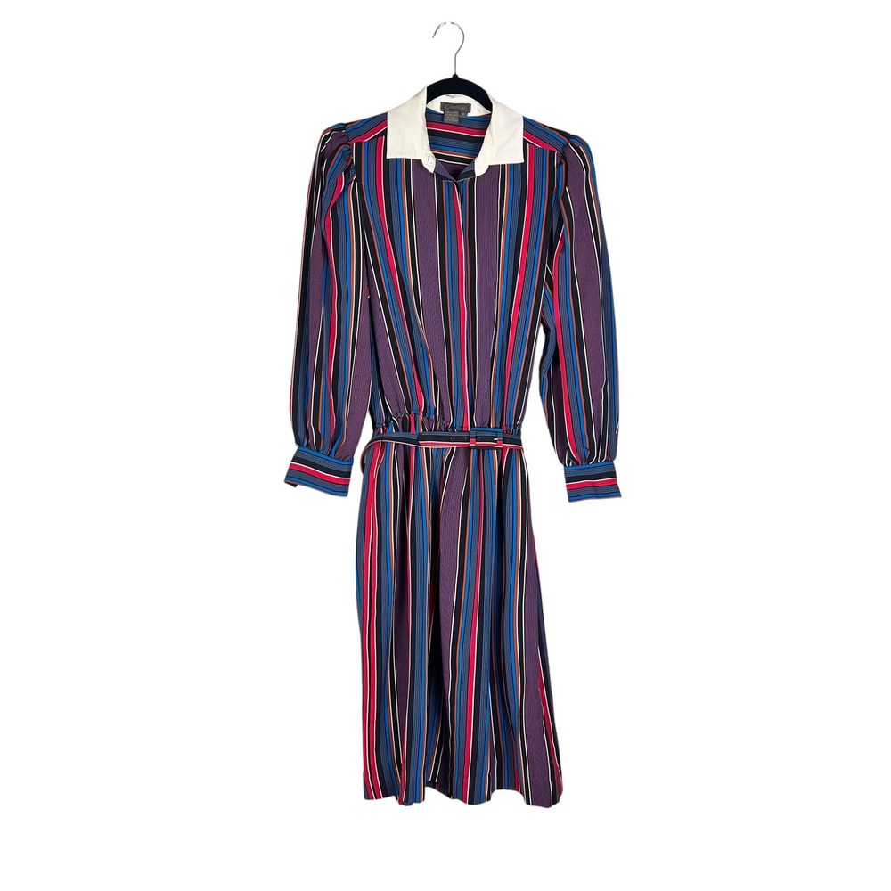 Vintage 70s Epitome Striped Midi Dress Blue Red White Collar Belted Size 10